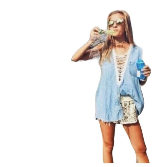 Furst of a kind Women’s Distressed Raw Hem Lace up Mini Chambray Denim Top Sz OS - Picture 1 of 7